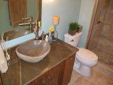 Guest bathroom remodel | vessel sink | custom cabinet and tile
